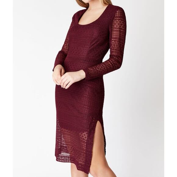 Bardot Revolve Marion Lace Dress Long Sleeve Knee Length Open Back Slit Maroon 8 - Picture 4 of 12